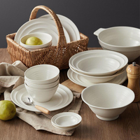 Service de vaisselle en céramique minimaliste à nervures concentriques, style nordique, blanc crème, assiettes et bols en porcelaine pour la maison et les restaurants