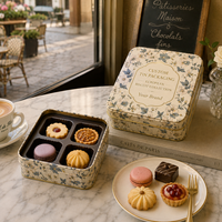 Boîte en étain carrée élégante avec design personnalisé, boîte cadeau haut de gamme pour les desserts de boulangerie, emballage cadeau pour les fêtes