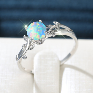 White Opal Round Round Stone <strong>Ring</strong> 925 Sterling <strong>Silver</strong> Leaf <strong>Rings</strong> for Women Vintage Wedding <strong>Band</strong> Bridal Engagement Jewelry Gifts - Product Image 3