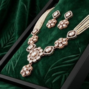 White Moissanite Kundan Work 925 Silver Modern <b>Statement</b> <b>Necklace</b> Earrings Set for Women Wedding Gift Set - Product Image 1