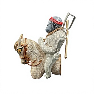 Diamond Encrusted Monkey Rider Pendant Luxury Men's Hiphop Style Necklace with Red Band and Shovel Detail - Product Image 1