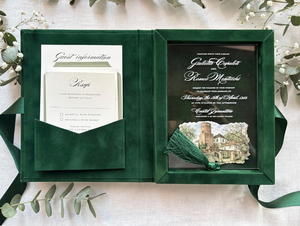 Boîte <span class=keywords><strong>d</strong></span>'<span class=keywords><strong>invitation</strong></span> personnalisée en velours émeraude pour mariage à destination, avec <span class=keywords><strong>invitation</strong></span> en acrylique et enveloppe – Hochzeit Einladung - Product Image 1