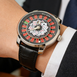 Montre-bracelet étanche Foshan <span class=keywords><strong>Roulette</strong></span> Rotating God of Gamblers Lucky Quartz en acier inoxydable avec bracelet en cuir pour hommes américains - Product Image 4