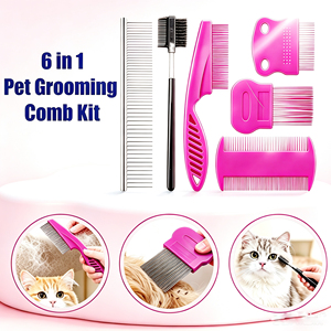 Ensemble de peignes de toilettage <span class=keywords><strong>pour</strong></span> animaux de compagnie 6 en 1 avec poignée ergonomique antidérapante, dents en acier fin, élimine efficacement les poils et les <span class=keywords><strong>puces</strong></span> - Product Image 1