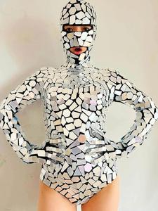 Nouveau costume de performance une pièce pour femme, sexy, à fente haute, pour poitrines généreuses, mettant en valeur la taille, à paillettes effet miroir, argenté - Product Image 4