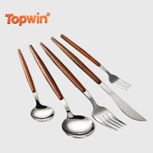 Portugal Reusable Gold Portuguese Plastic Wooden Handle Stainless Steel Cutlery Silverware Set Bulk for Wedding - Product Image 1