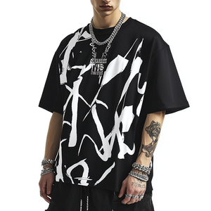 Promotion Exceptionnelle : T-Shirt <span class=keywords><strong>Noir</strong></span> Homme Oversize Imprimé Encre Abstraite Blanche, Confortable et Décontracté, Style Streetwear, Manches Courtes - Product Image 2