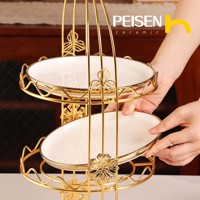 Support à dessert en céramique à 2 ou 3 niveaux avec cadre doré, plateaux ronds pour gâteaux, cupcakes, buffet de mariage