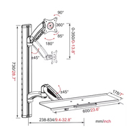 WS02 ErgoSpot Plateau de clavier à bras de moniteur unique et support mural réglable en hauteur pour une utilisation pratique du moniteur