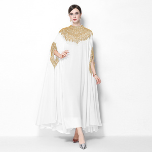 Vestido tipo capa maxi de chifón tejido lavable con cuello alto, cintura holgada, pedrería natural y cuentas, en 6 colores sólidos, ideal para verano. - Product Image 2