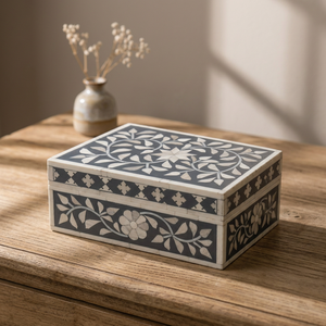 Boîte à bijoux rectangulaire en MDF avec incrustations en os et résine, très demandée, pour ranger bagues, boucles d'oreilles et colliers - Product Image 1