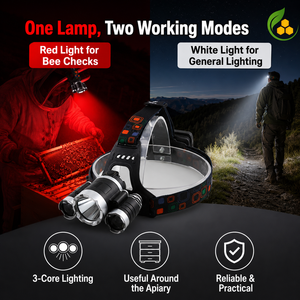 Lampe frontale LED à trois faisceaux inductifs à lumière rouge pour apiculture, mains libres, contrôle par geste, sans perturber les abeilles pour la vérification nocturne des ruches - Product Image 5