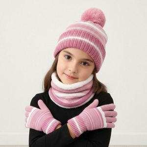 3Pcs Kid Winter Hat Scarf Fleece Knit Pom Beanie Warm <b>Neck</b> <b>Warmer</b> Touchscreen Gloves 3 in 1 Set Promotional Gift - Product Image 2