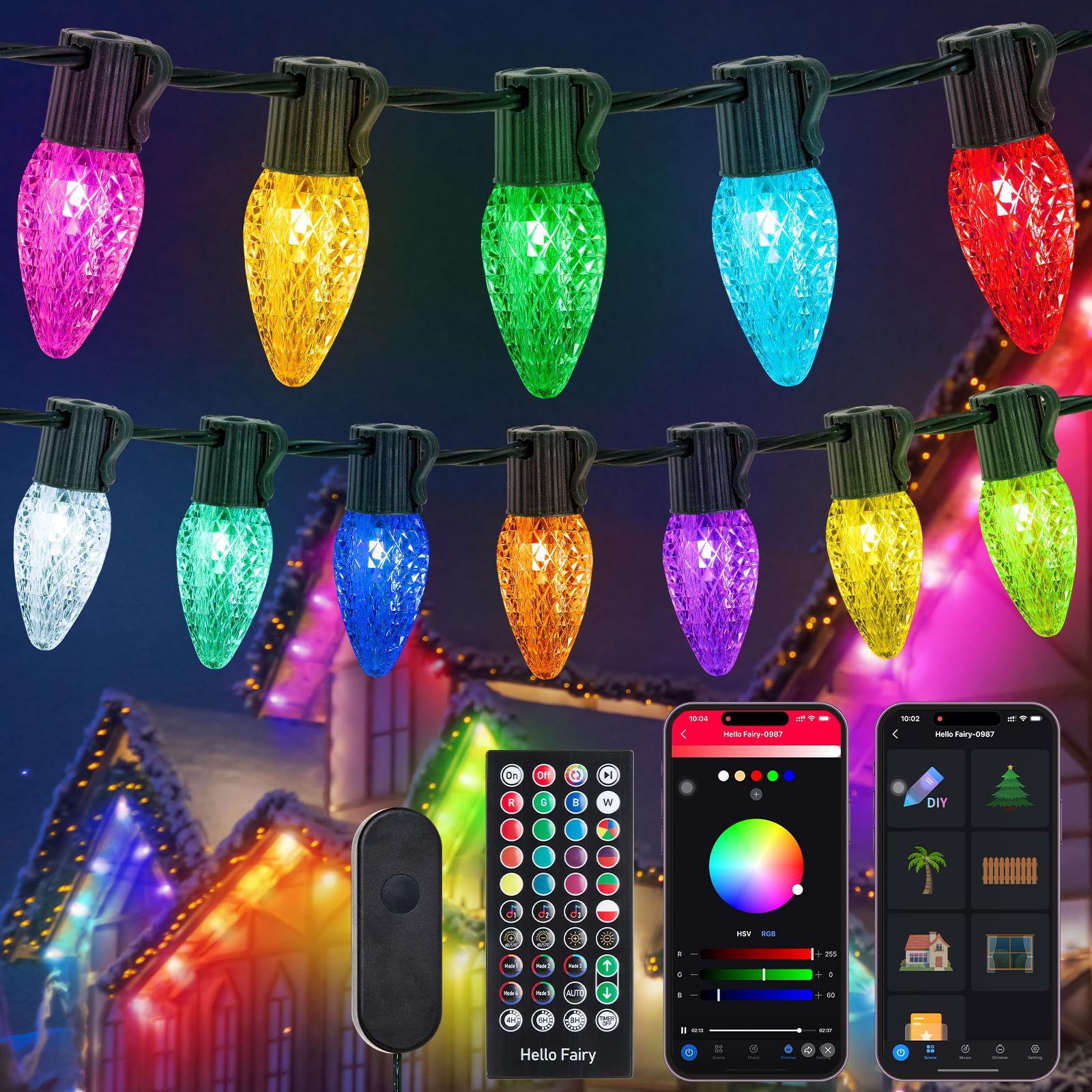 Smart C9 Christmas Lights with APP Control, Music Sync RGB Color Changing, Connectable for Tree & House Roof Decoration