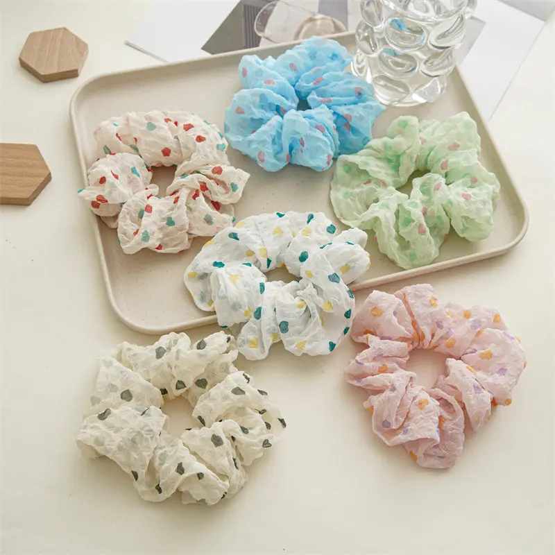 Wholesale women pink blue color seersucker scrunchies hair ties small polyester scrunchie with point print