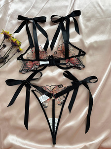 Wholesale Butterfly Embroidery Lace Lingerie Set Sheer Mesh Underwire <b>Bra</b> and Tie <b>Straps</b> Thong Panties Set Sexy Womens Intimates - Product Image 4