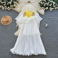 Robe longue décontractée plissée en mousseline de soie pour femme WIWT, élégante, avec décor floral 3D et volants, sans manches, pour le quotidien et les soirées