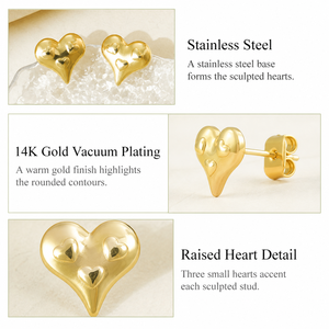 Pendientes de Corazón en Acero Inoxidable con Baño de Oro de 14K, Diseño de Corazón Triple Esculpido, Acabado Pulido - Product Image 3