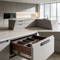 Meubles de cuisine minimalistes de luxe blancs et noirs avec îlot incurvé et tiroirs à fermeture douce