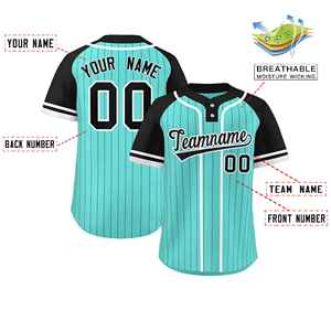 Maßgeschneidertes Aqua-Schwarz-Weiß gestreiftes, modisches Softball-Trikot mit Raglanärmeln und zwei Knöpfen - Product Image 2