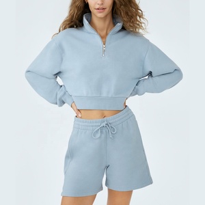 Completo sportivo da donna <span class=keywords><strong>felpa</strong></span> con Logo personalizzato da donna Cozy Fleece Cropped 1/4 Zip Short <span class=keywords><strong>Set</strong></span> donna donna 2 pezzi outfit - Product Image 3