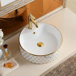 Lavabo Redondo de Porcelana con Patrón Decorativo Moderno para Hotel, Lavabo de Baño con Recubrimiento Electrolítico Dorado - Product Image 4
