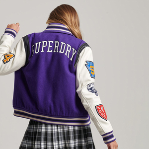 Veste universitaire à col pour femme en gros, personnalisable avec patch en chenille et manches en cuir, style baseball - Product Image 2