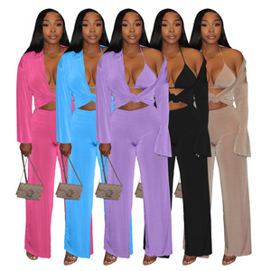 2023 américain Boutique en gros trois pièces femmes ensembles Sexy Bikinis automne Cardigan <span class=keywords><strong>velours</strong></span> jambe large <span class=keywords><strong>pantalon</strong></span> taille élastique hiver - Product Image 1
