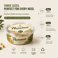 Boîte à houmous ronde en PP avec logo personnalisé IML et couvercle hermétique, contenant jetable de qualité alimentaire pour la conservation des sauces et des garnitures