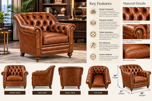Elegant Cognac Leather Reading Armchair <b>with</b> Tufted Upholstered Backrest Generously Padded Seat and Classic Rolled <b>Arm</b> - Product Image 2