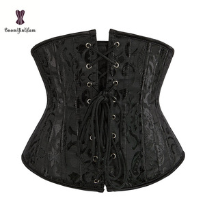 Corpiño con brocado para el pecho, corsé de entrenamiento de cintura de acero 24, Waspie negro sólido con cuerda - Product Image 1