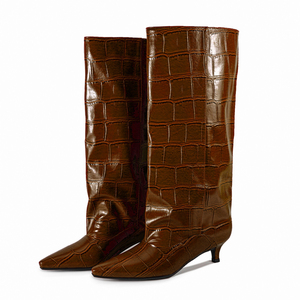 Custom Style Wide Top on Long Booties Low <b>Heels</b> Stone Print Shoes Women's Pointed Toe Knee High Boots - Product Image 1