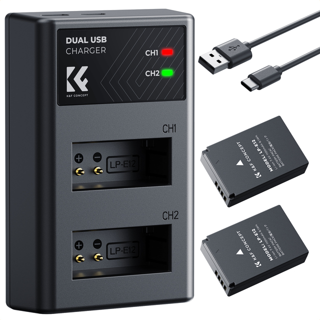 K&F Concept High Quality Camera Battery 1100mAh for Canon LP-E12 Safely Dual Battery Dual Slot LCD Display Charger Set