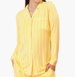 Nuevas llegadas: Conjunto de <span class=keywords><strong>dos</strong></span> piezas de ropa de dormir de bambú para mujer, pijama con solapa, camisa modesta y pantalón de talle alto a rayas. - Product Image 1