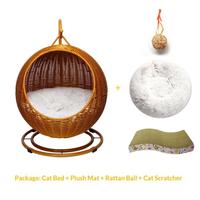 Panier-lit rond pour animaux de compagnie en rotin PP, nid à bascule pour chat, avec coussin intérieur, hamac pour chats et chiens, design boule suspendue