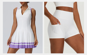 Robe de sport plissée sans manches contrastante pour femme YY, avec fermeture éclair, short intégré, poches et soutien-gorge intégré, idéale pour le tennis et le golf - Product Image 3
