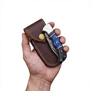 Damascus Steel Folding Knife With Blue Handle And Leather Sheath Straight Edge <b>Drop</b> Point Blade Thumb Knob Design - Product Image 1
