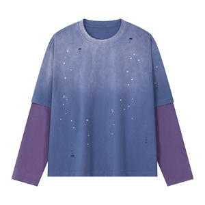 T-shirt à manches longues en coton lourd délavé RUICHI 270G, détails déchirés effet éclaboussures d'encre, patchwork rétro deux pièces pour hommes - Product Image 5