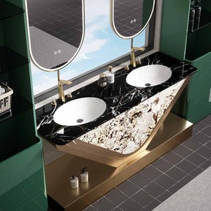 Meuble-lavabo de salle de bain en acier inoxydable Bokejia avec vasque en céramique 900x550mm, style moderne minimaliste, miroir et éclairage inclus - Product Image 1