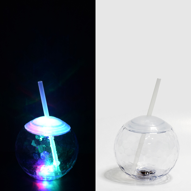 IShine 20oz Plastic LED Glow in the Dark Disco Ball Cup with Straw for Thanksgiving and Christmas Parties