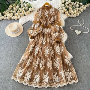 <b>Romantic</b> A-Line Embroidered Chiffon Empire Maxi <b>Dress</b> Lace Hollow Lantern Sleeve Scalloped Neck Vintage Floral Casual - Product Image 4