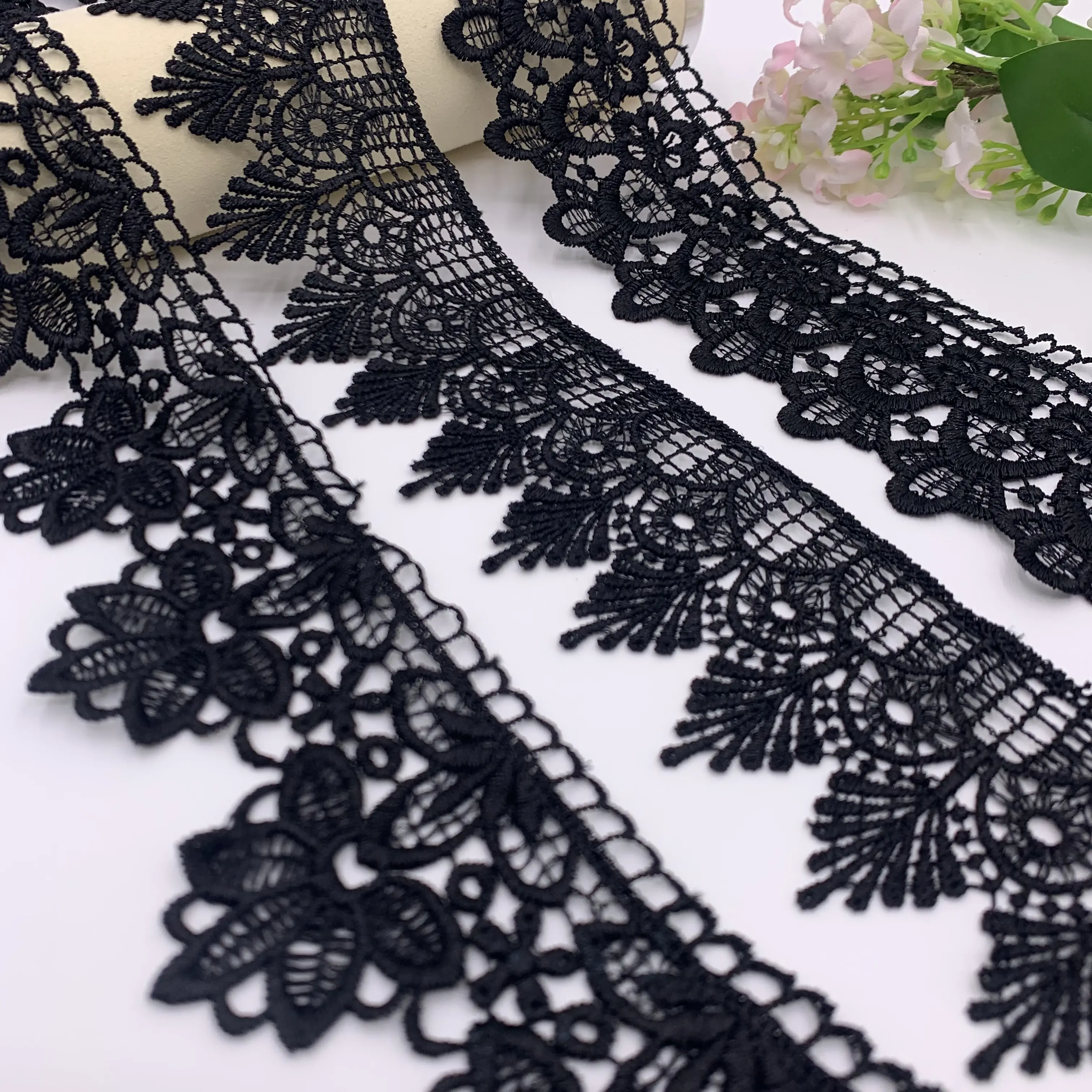 Wholesale Water Soluble Dress Material Black Polyester Embroidery Lace Fabric Trim For Clothing Wedding
