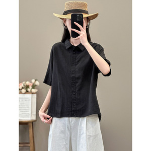 Women's Linen Shirt Green Five Quarter Sleeve Button Down Commuting Top - Product Image 4