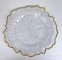 Assiette de présentation durable, transparente, texturée rayonnante effet soleil, style moderne classique, avec bordure dorée ondulée festonnée, pour mariage, banquet, fête, table