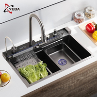 Évier de cuisine noir à double bol Nano avec porte-couteau amovible pour robinet à cascade Affichage numérique Forme carrée Conception à trou unique