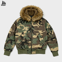 Veste bomber réversible en coton ripstop et nylon sergé camouflage avec fausse fourrure, à capuche, pour homme, fabriquée sur mesure