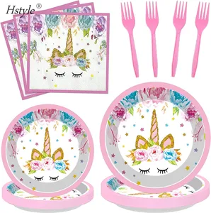 Perlengkapan Pesta Unicorn, Set Peralatan Makan Pesta Baby Shower Sekali Pakai dengan Piring Kertas, Serbet, Garpu, Melayani 16 Tamu PS020