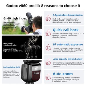 Flash <span class=keywords><strong>Godox</strong></span> V860III de troisième génération pour appareils photo, synchronisation haute vitesse, prise de vue en extérieur, griffe porte-accessoire, batterie lithium intégrée - Product Image 2