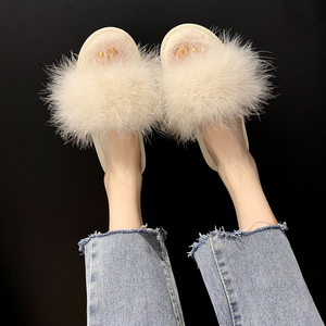 Custom Spring Soft Comfy Women New Popular Open Toe Fluffy Furry White Fur <strong>Slippers</strong> <strong>with</strong> <strong>Feather</strong> - Product Image 4