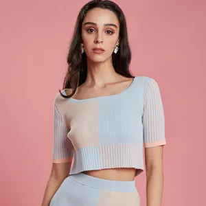 Hot Marketing Unique Design Sexy Color Block Women Knit Crop Top Sweater Knitted Clothes
